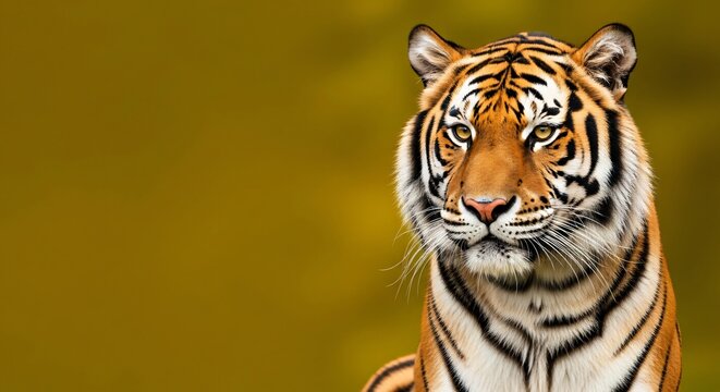A close-up portrait of a powerful bengal tiger looking intensely at the camera on a solid gold background wildlife animal predator cat