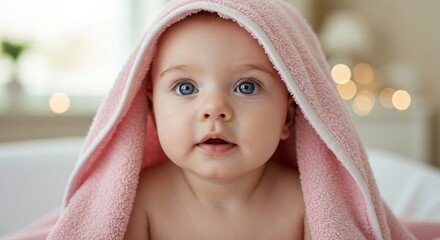 Infant with blue eyes wrapped in a pink towel after bath