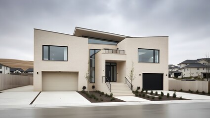 Modern Two-Story Residential House with Elegant Exterior and Wooden Garage Door