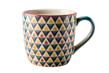 Vibrant Geometric Mug; Teal, Yellow, and Red Triangle Pattern; Modern Kitchenware; Studio Shot.