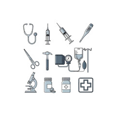 Medical Equipment Icons Stethoscope Syringes Thermometer Blood Pressure Cuff and More