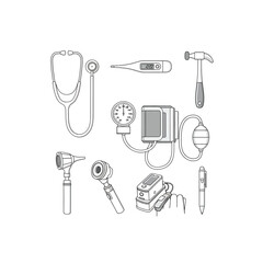 Medical Equipment Illustration Stethoscope Thermometer Blood Pressure Cuff Otoscope Hammer Pulse Oximeter Pen