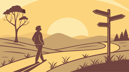 Silhouette of a person walking a rural path at sunset, facing a three-way signpost, symbolizing choices and new beginnings, in a minimalist, vintage style.