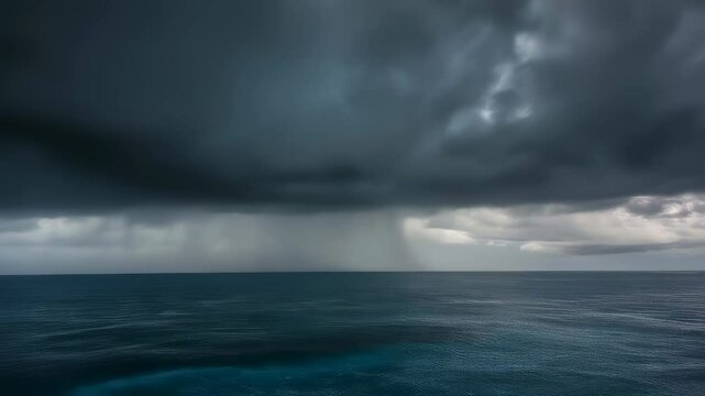 Dark thunderstorm clouds unleashing cascading rain onto a restless ocean beneath a brooding sky, dramatic seascape capturing nature&rsquo;s raw power with churning waves and moody lighting on the open sea
