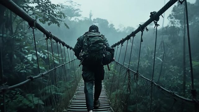 A lone figure walks across a rickety rope bridge through a misty, lush green rainforest. The muted color palette and atmospheric fog create a sense of mystery and adventure.  The video shows the