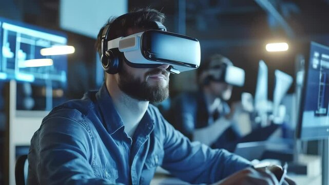 Engaging virtual reality experience in a tech workspace featuring multiple users with headsets