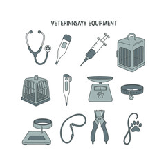 Veterinary Equipment Icons Stethoscope Thermometer Syringe Pet Carrier Scale Collar Clippers Leash
