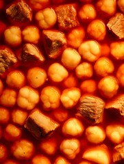 Close Up of Hearty Chickpea and Meat Stew, Rich Red Sauce and Tender Ingredients.