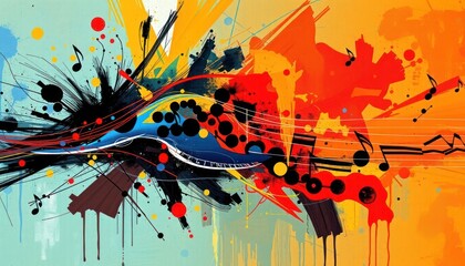 Obraz premium Abstract Music-Themed Artwork with Colorful Splashes and Musical Notes