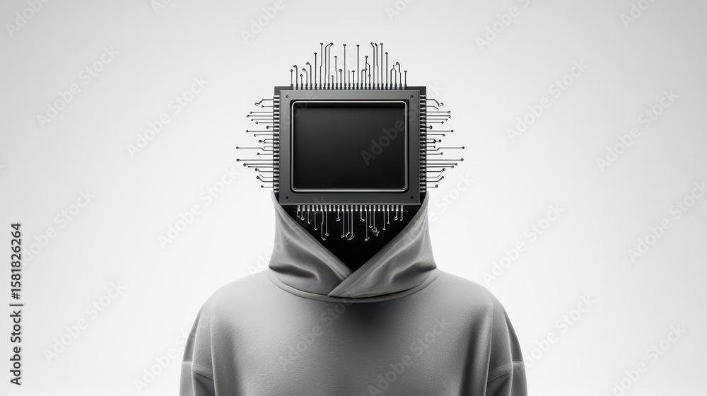Poster surreal digital portrait, man with a computer monitor head exploring the fusion of human and technol