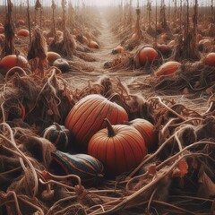 Pumpkin vines in a harvested field