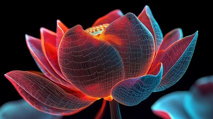 A vibrant, translucent lotus flower with a glowing, intricate structure