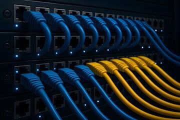 Close up of blue and yellow network cables plugged into a server rack with indicator lights