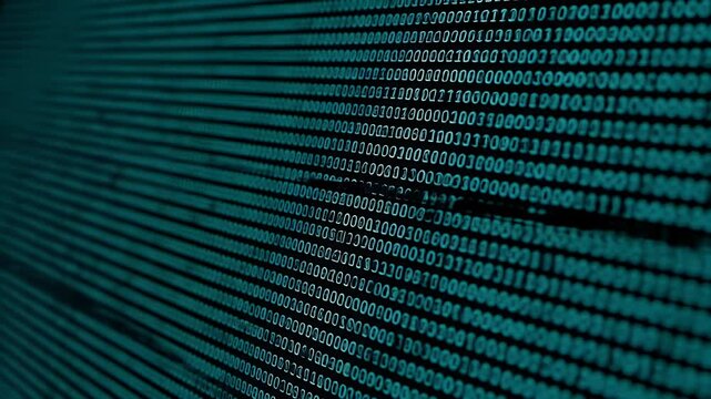 Teal binary code displayed on a dark background receding into the distance