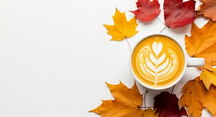 A top view of a cup of coffee with latte art next to raspberries and autumn maple leaves on a white background cozy fall morning drink