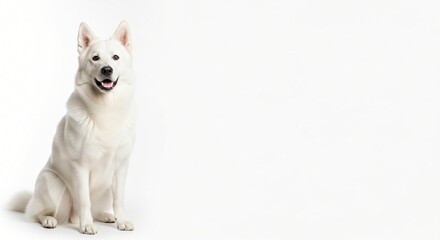 A beautiful white shepherd dog sitting patiently and looking at the camera on an isolated white background studio portrait pet animal loyal