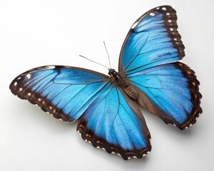 A striking blue morpho butterfly with intricate black and white wings, isolated against a pristine white background, showcases the beauty of this tropical insect