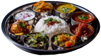 Delicious Indian Thali Curries, Rice, Naan, and Vegetables