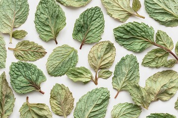 A collection of fresh mint leaves arranged. A close-up shot of many mint leaves