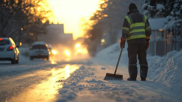 Snow removal at sunrise with worker clearing the street in winter conditions