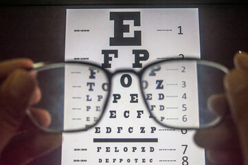 Eyeglasses held in front of an eye chart with blurred background and sharp lens focus, illustrating...