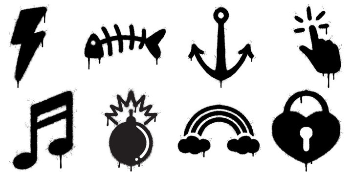 Graffiti Spray Icons Set. Urban Street Art Symbols Collection. Includes a lightning bolt, fishbone, anchor, hand click, music note, bomb, rainbow, and heart shaped padlock.