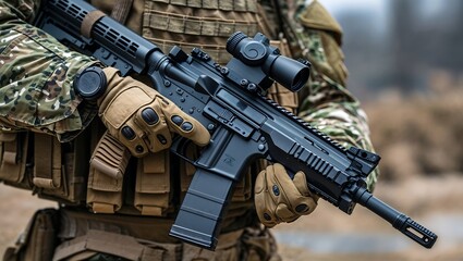Detailed View of Modern Combat Rifle Held by Soldier in Camo and Vest, Emphasizing Military Readiness and Precision

