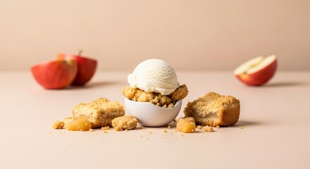 A deconstructed dessert with egg-shaped mousse cakes apple pieces and crumble on a pink background fine dining sweet food photography art