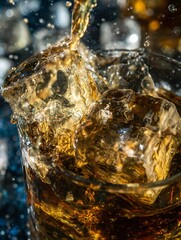 Amber Liquid Splashing into a Glass with Ice Cubes. A close up photograph of a refreshing drink.