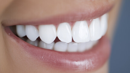 Close-up of natural smile with perfect white teeth, soft lighting on light grey background.