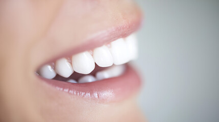 Obraz premium Close-up of natural smile with perfect white teeth, soft lighting on light grey background.