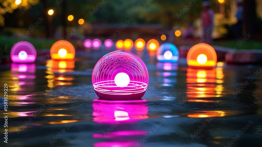 Aufkleber multicolored illuminated spheres float on a calm stream at night, creating a magical atmosphere. the
