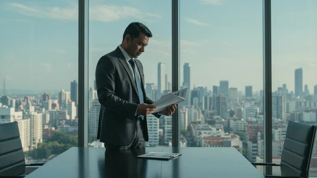 Businessman Reviewing Documents in Modern Office Skyline