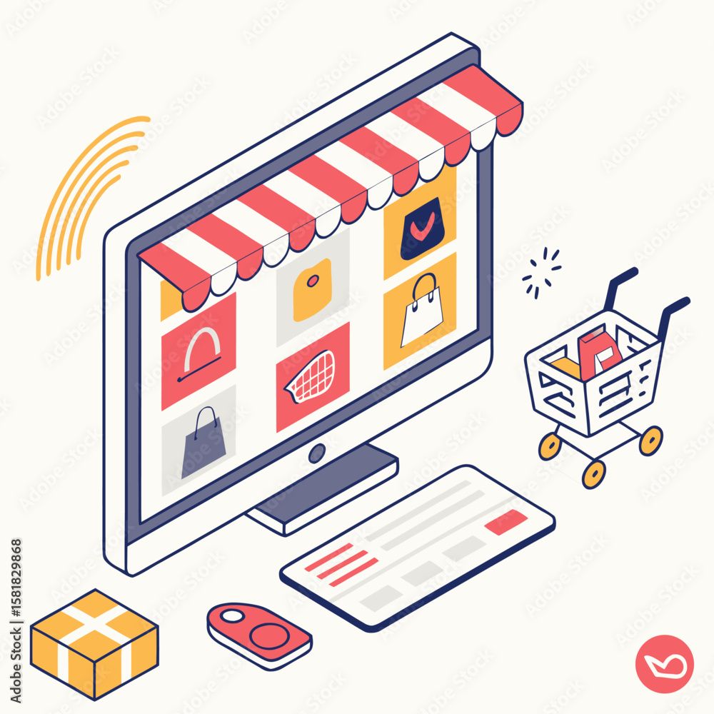 Poster isometric illustration of an online store with a computer display showing various product categories