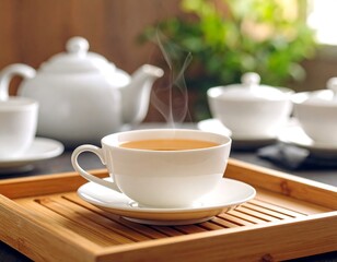 Obraz premium Steaming cup of tea on a bamboo tray
