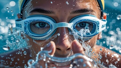 Intense Close-Up of Swimmer Breaking the Water Surface Mid-Stroke with Splash and Dynamic Motion