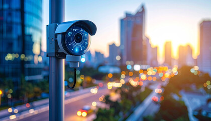 City Surveillance: A watchful security camera keeps a vigilant eye over a modern cityscape, symbolizing the ever-present monitoring of the urban environment.