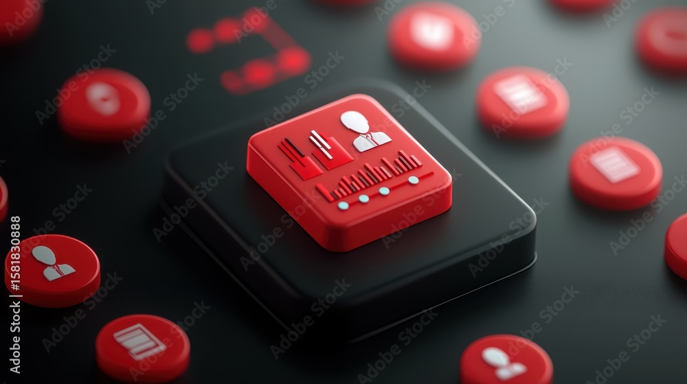 Poster vibrant red push button with white arrow, a symbol of interactive design and navigation