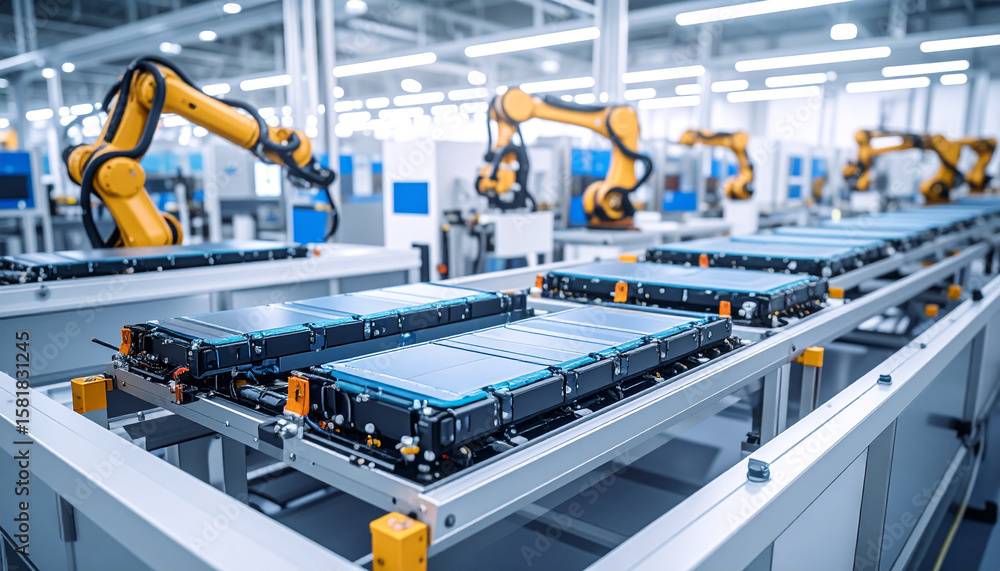 Poster automated battery assembly: robotic arms skillfully assemble lithium batteries on a modern productio