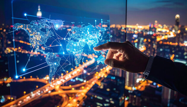 Global Tech Interaction: A visionary individual explores a cutting-edge digital interface displaying a globe map, set against the backdrop of a modern cityscape.