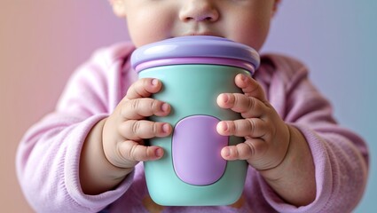 Close-Up of a Baby with Blue Eyes Holding a Bottle, Wearing Striped Shirt in a Bright, Cheerful Setting