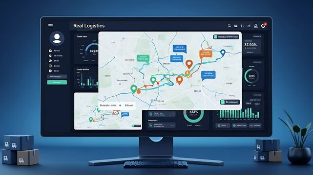 A darkthemed computer monitor displaying a logistics dashboard with maps charts and data