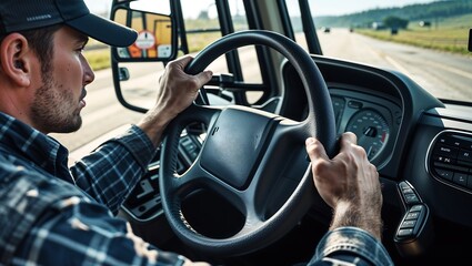 Truck Driver Focused on the Road in a Sunlit Highway Scene, Captured from Inside the Vehicle Cab

