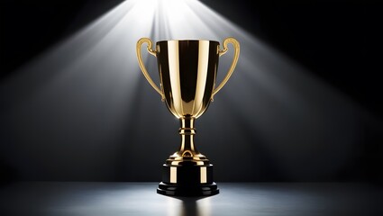 Golden Trophy Cup Under Spotlight on Black Background