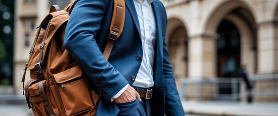 Professional Man in a Textured Wool Suit and Leather Backpack Walking Through a Blurred City Street