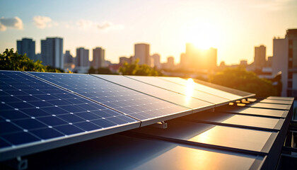 Solar Energy's Embrace: A modern solar panel installation with the backdrop of a bustling cityscape, showcasing the commitment to sustainable energy solutions and urban innovation.