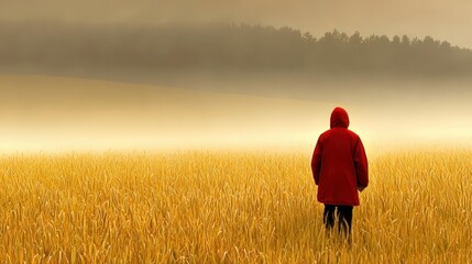 Vibrant red jacket against a serene field, captivating landscape photo person