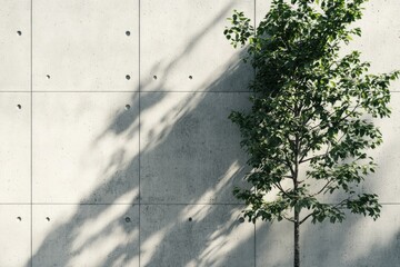 A small tree casts shadows on a light beige concrete wall
