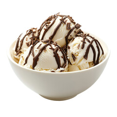 Delightful vanilla ice cream scoops in a white bowl, drizzled with rich chocolate sauce and sprinkles, served against a transparent background.