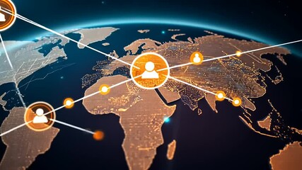 Global network connection visualization with user icons over a digital world map highlighting cities - Powered by Adobe